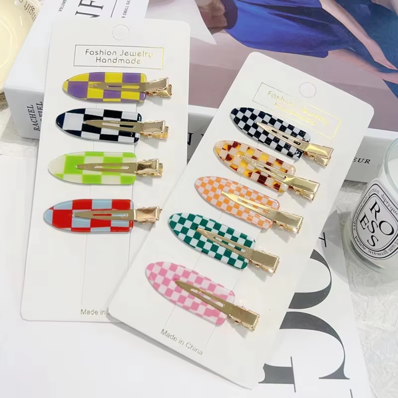 High-grade Alloy Wire Bangs No Bend Checkered Hair Clip Hairpin Acrylic No Crease Seamless Hair Clip